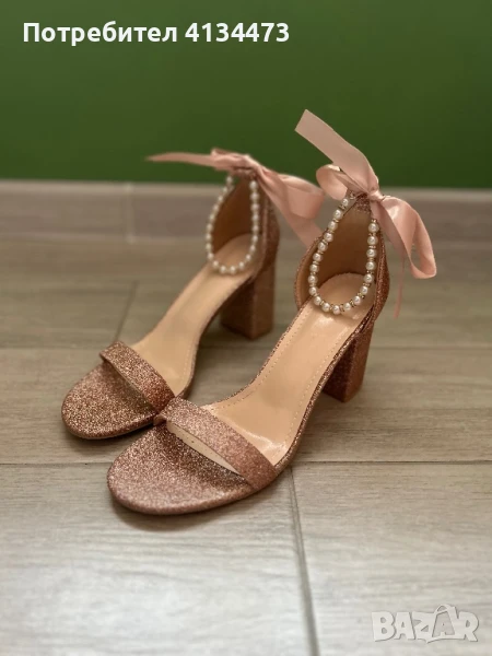 Сандали с дебел ток и чанта в розово злато, снимка 1