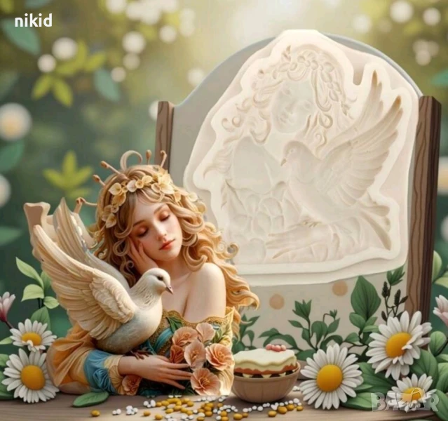 Жена с гълъб кацнал на ръка силиконов молд форма фондан шоколад гипс декор, снимка 1