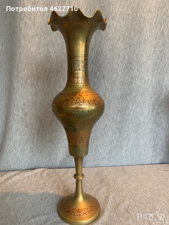 Ваза, месинг и ръчно гравиран емайл, с пиедестал , снимка 1