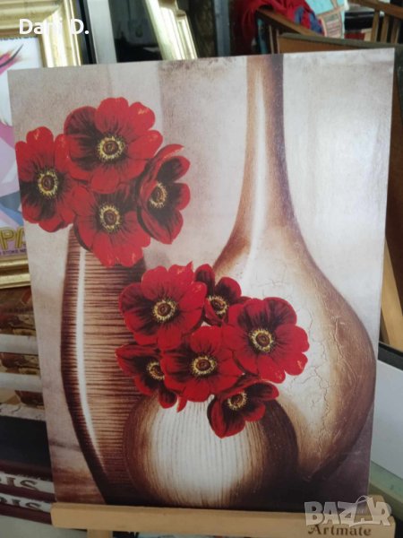 дървена картина пано Червени цветя, снимка 1