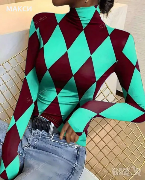 Макси модерна еластична блуза на ромбоиди с висока яка в две ефектни разцветки- горчица-тъмно синьо , снимка 1