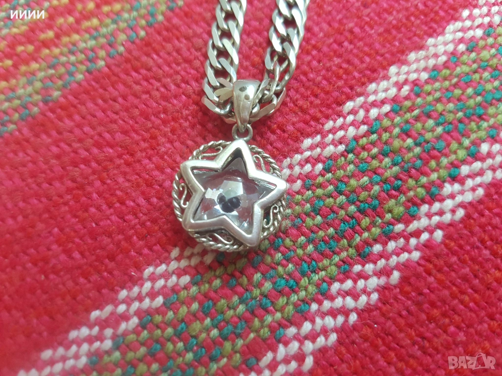 Сребрно колие ланец с медальон с камък звезда, снимка 1