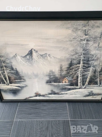 132х102см/стара голяма картина масло върху платно/зимен пейзаж/къща-езеро-планина/дървена рамка, снимка 2 - Картини - 50727685