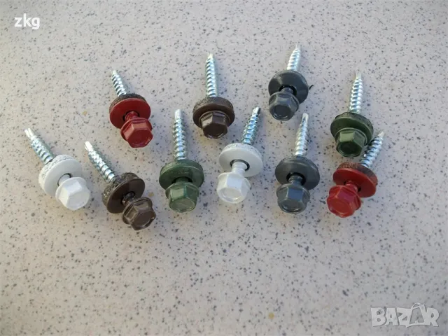 Цветни винтове самопробивни с шайба и уплътнение за монтаж на ламарина, снимка 4 - Железария - 49644839