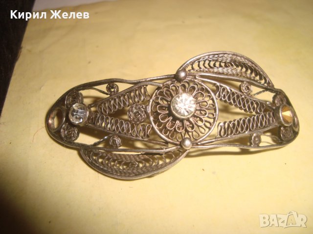 СРЕБЪРНА ФИЛИГРАННА АРТ ДЕКО ШНОЛА ФИБА за КОСА с ЦИРКОНИ МАЙСТОРСКА ЮВЕЛИРНА СТАРА РАБОТА 24071, снимка 4 - Антикварни и старинни предмети - 33789665