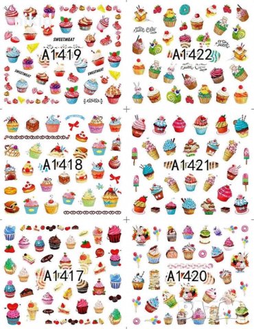 лист 12 в 1 Кексчета Десерти слайдер татос ваденки водни стикери за нокти маникюр, снимка 2 - Продукти за маникюр - 31987737