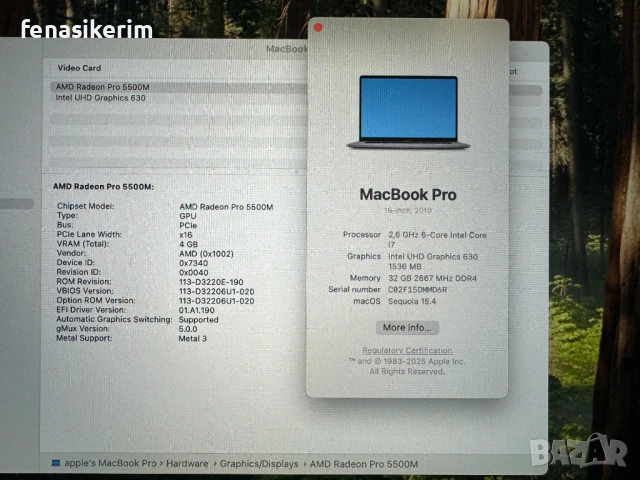  16' Core i7 Apple MacBook Pro 2019 @ 32GB RAM/512GB SSD/Radeon Pro 5500M 4GB/Бат 8ч, снимка 6 - Лаптопи за работа - 52797909