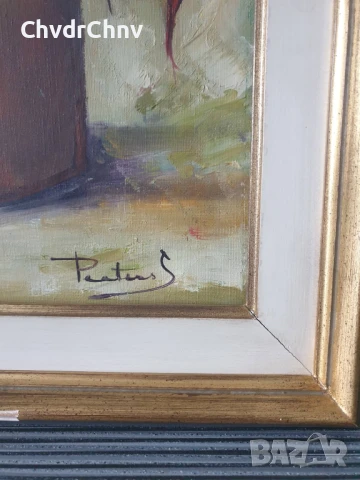 70х40см/стара голяма картина масло върху платно/натюрморт ваза с цветя/китайски фенери/дървена рамка, снимка 5 - Картини - 51192515