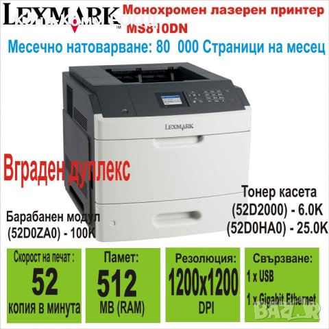 Лазерен принтер Lexmark MS810DN-Двустранен печат и мрежа, снимка 1 - Принтери, копири, скенери - 40602805