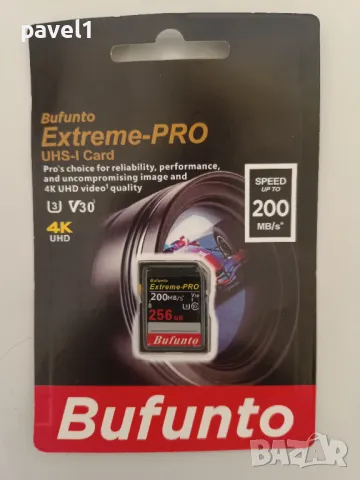 Bufunto extreme-pro 256gb UHS-I card Up To 200mb Speed 4K, A2, SD карта памет, снимка 1 - Чанти, стативи, аксесоари - 47779839