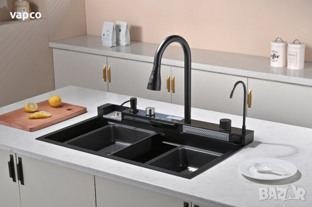 Черна мултифункционална кухненска мивка с двоен водопад , снимка 4 - Мивки - 52127972