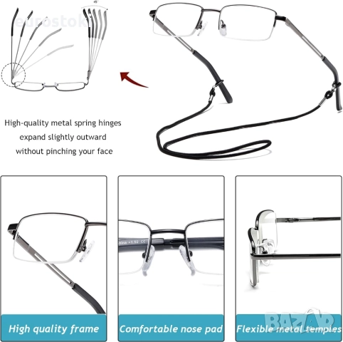 Hubeye 3 бр. Очила за четене с половин рамка за мъже и жени, метална рамка, пружинни панти, блокиран, снимка 6 - Слънчеви и диоптрични очила - 51458543