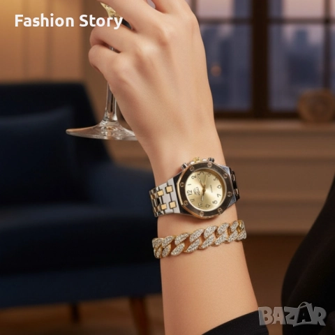 Модерен унисекс часовник със златист циферблат и блестяща гривна, снимка 5 - Романтични подаръци - 51934776