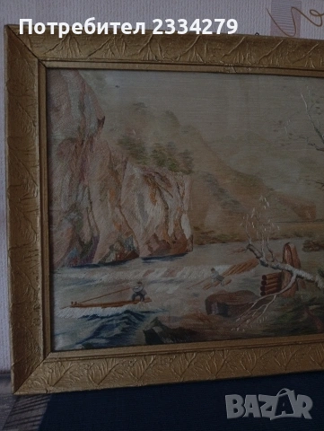 Стар гоблен поставен в остъклена дървена рамка., снимка 4 - Гоблени - 54108978