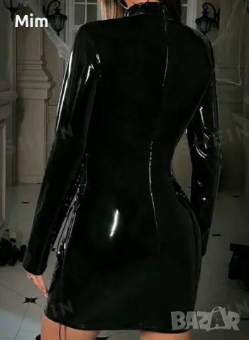 L Черна, еластична рокля от лак / винил/ с дълъг ръкав, снимка 3 - Рокли - 47684792