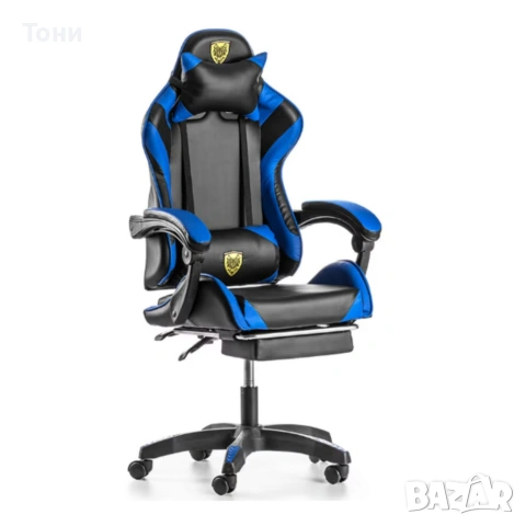 Геймърски стол с поставка за крака – черно-син, въртящ, с масажна функция и спортен дизайн, снимка 8 - Столове за офис - 53239998
