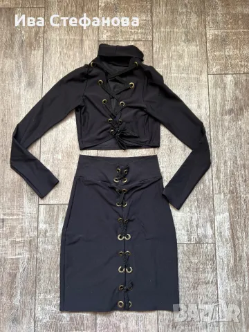 Нов черен елегантен сет комплект костюм две части пола висока талия топ еластичен , снимка 2 - Костюми - 49328880