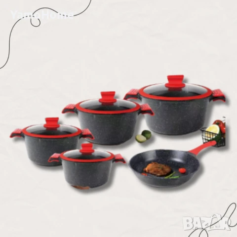 Комплект луксозни тенджери „Червен акцент“ – 17 части гранит, снимка 1