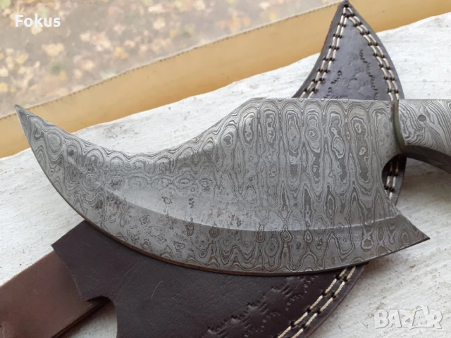 Страхотен нож брадва сатър дамаска стомана нов кожена кания, снимка 2 - Антикварни и старинни предмети - 51205412