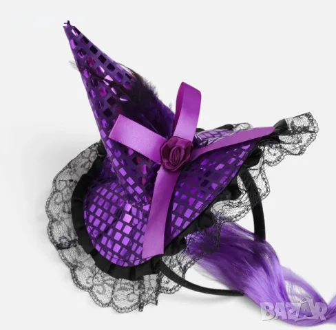 Halloween диадема с шапка на вещица и лилава коса - 14cm, снимка 2 - Аксесоари за коса - 56194119