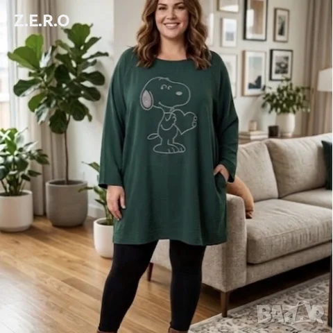 Макси oversize блуза туника със Снупи, тъмнозелена