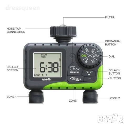 4490 Двоен автоматичен таймер за поливане с голям LCD дисплей и водоустойчив корпус, снимка 10 - Напояване - 53876427