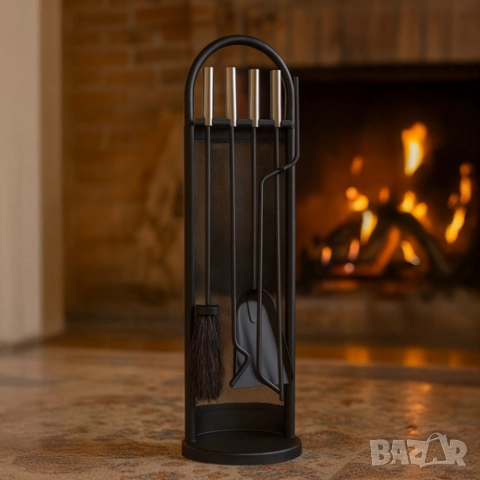 Комплект луксозни аксесоари за камина и печка на дърва-5в1 със стойка, снимка 7 - Камини - 51817415