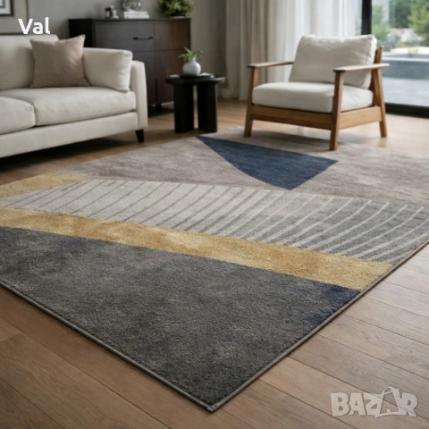 Модерен килим за хол 120х160см - Сиво с диагонална златна лента и 3D ефект, Противоплъзгащ, снимка 4 - Килими - 53932653