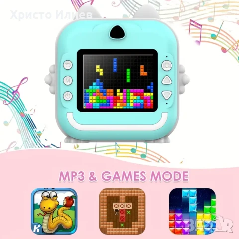 Детски Фотоапарат за моментни снимки за деца Мини термопринтер Син Розов светещи уши, снимка 9 - Фотоапарати - 50483840