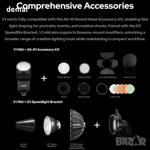 Светкавица Godox V1 mid C TTL за Canon, мини светкавица с кръгла глава, снимка 8 - Светкавици, студийно осветление - 54105217