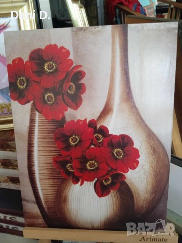 дървена картина пано Червени цветя