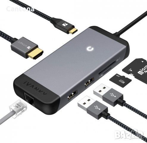 iVANKY 7 в 1 USB C, Gbit LAN, 4K HDMI, PD 100 W , 2 USB 3.0, SD / TF четци