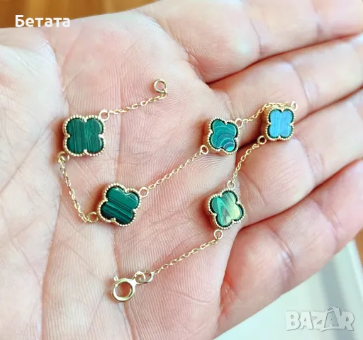 Гривна Ван Клиф с пет детелини, златна гривна с 5 детелини, 14 карата злато, снимка 5 - Гривни - 48115375