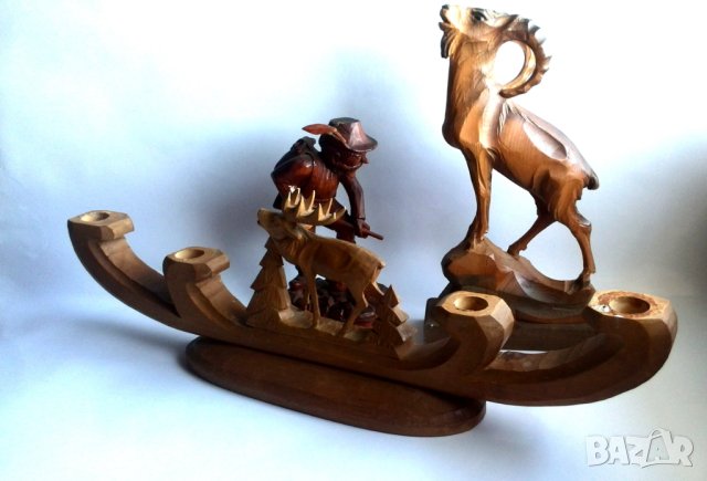 Дървени фигури Статуетки-свещник Елен и Ловец с Дива коза, снимка 4 - Антикварни и старинни предмети - 42672054