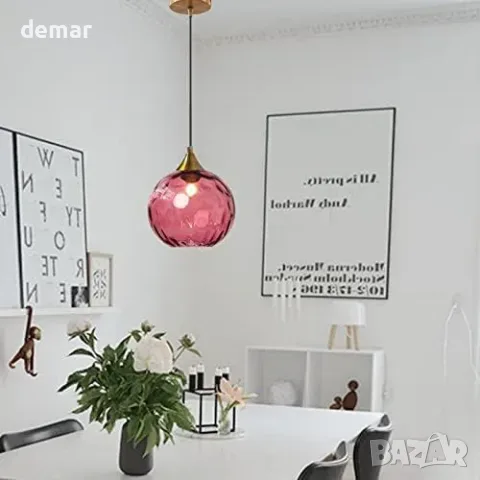 Висяща лампа с виненочервен стъклен глобус 20 см, снимка 3 - Полилеи - 55807544