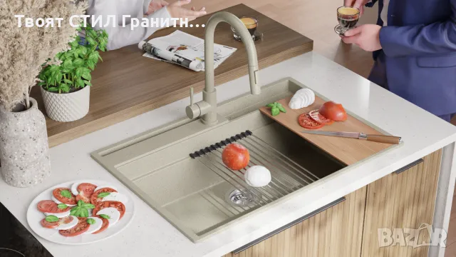 Бежава кухненска мивка от гранит Осло 80 Премиум 780 x 530 мм, снимка 5 - Мивки - 47714219