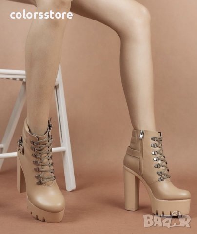 Боти на ток - бежова кожа с бежово ходило - BT14, снимка 2 - Дамски боти - 34759485