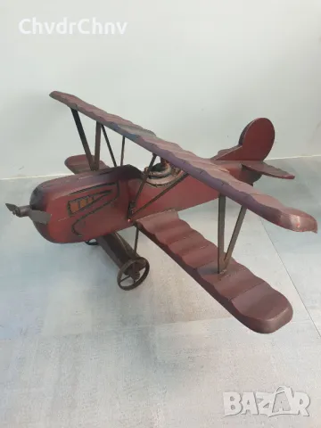 76см ръчна дърворезба фигура/стара голяма дървена играчка/самолет-биплан