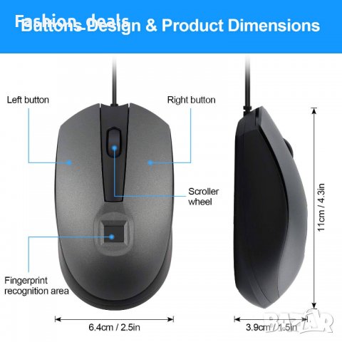 Нова кабелна компютърна мишка 1200 DPI сензор за пръстови отпечатъци, снимка 2 - Други - 33695548