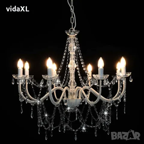 vidaXL Полилей с кристали, бял, 8 х Е14 крушки, снимка 2 - Полилеи - 56146458