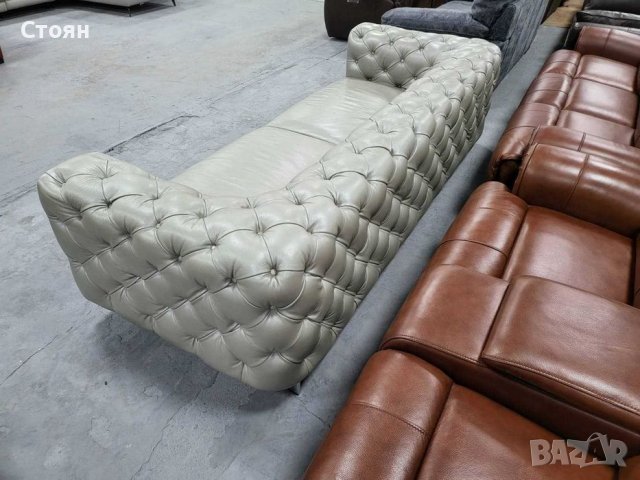 Голям сив кожен диван Честърфийлд - естествена кожа, снимка 12 - Дивани и мека мебел - 39718256