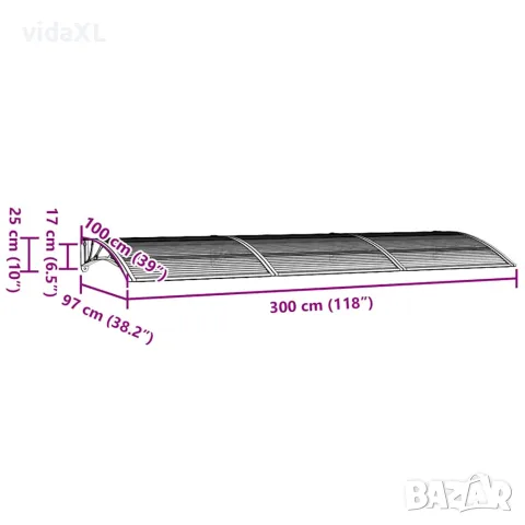 vidaXL Навес за врата, сив, 300x100 см, поликарбонат, снимка 7 - Врати за баня - 56146152