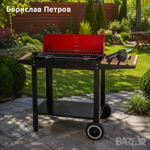 Градинско барбекю на колела, емайлирана стомана, 4 степени + Подарък 3 прибора, снимка 3 - Барбекюта - 53420537