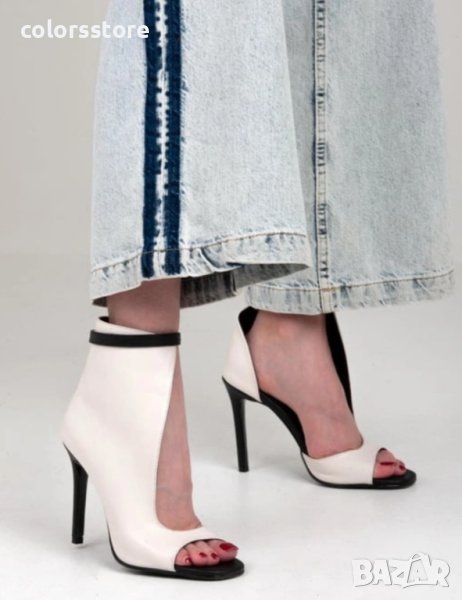 Летни боти на ток - бяло и черно кожа - ST31, снимка 1