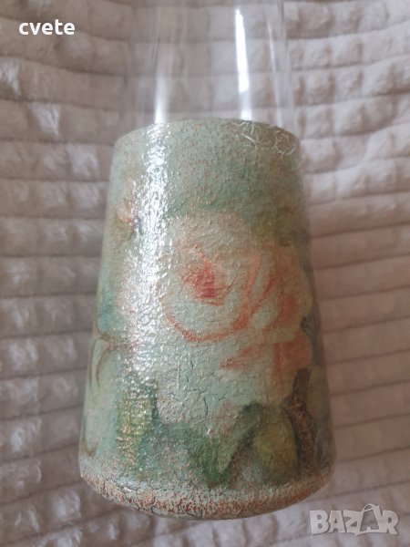  Стъклена ваза винтидж стил, ръчно декорирана с декупаж, снимка 1
