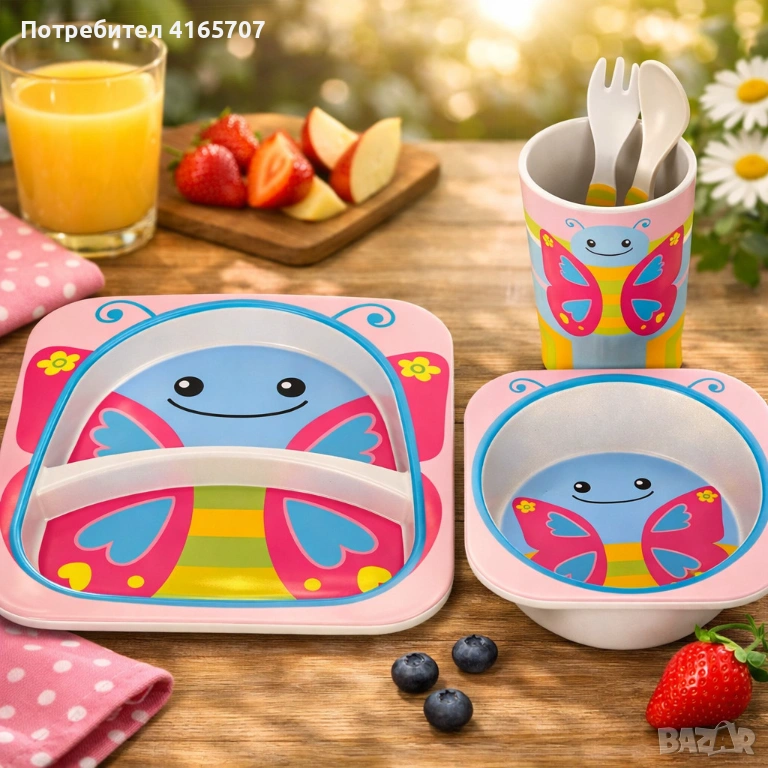 Детски комплект за хранене 5 части Cheffinger – чиния, купичка, чаша, лъжица и вилица, снимка 1