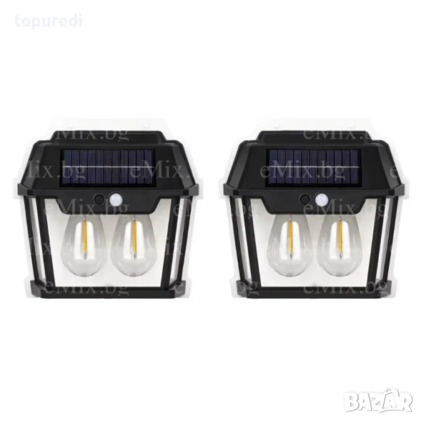 2БР. СОЛАРНА ЛАМПА ЗА СТЕНА С 2LED КРУШКИ И СЕНЗОР ЗА ДВИЖЕНИЕ, снимка 1