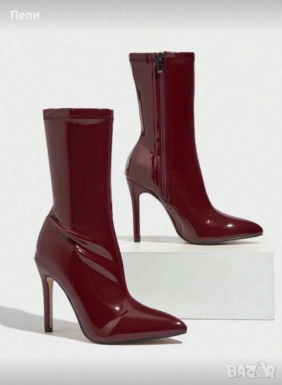 Боти на висок ток в цвят бордо, снимка 1