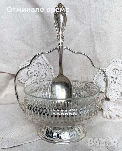 Vintage стойка с кристална купа “Mayell EP” - Англия и посребрена лъжица, снимка 1 - Прибори за хранене, готвене и сервиране - 44658953