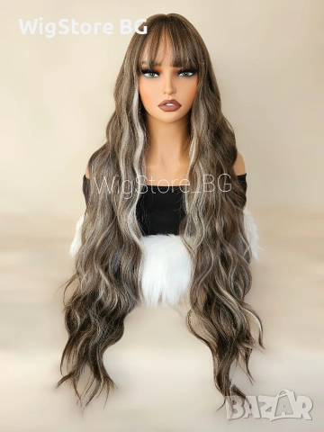 Дълга къдрава кестенява перука на кичури с бретон